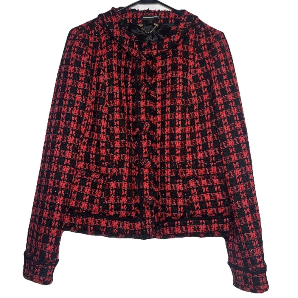 Express‎ Design Studio Tweed Jacket Women's 10 Red Black Boucle